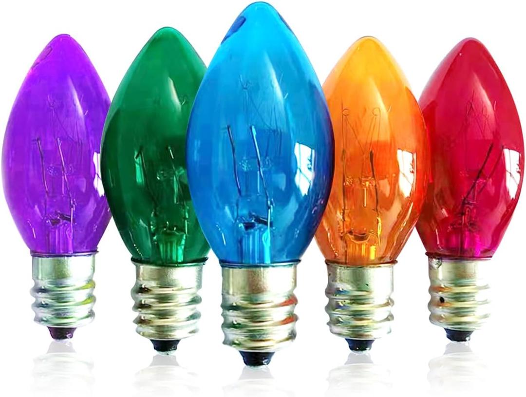 C7 Replacement Bulbs, 25 Pack Multi-Color Christmas Lights Bulbs, 5W Colorful Incandescent for Outdoor String Lights, Xmas Tree, Patio, Wedding, Holiday Party Decor, E12 Candelabra Base