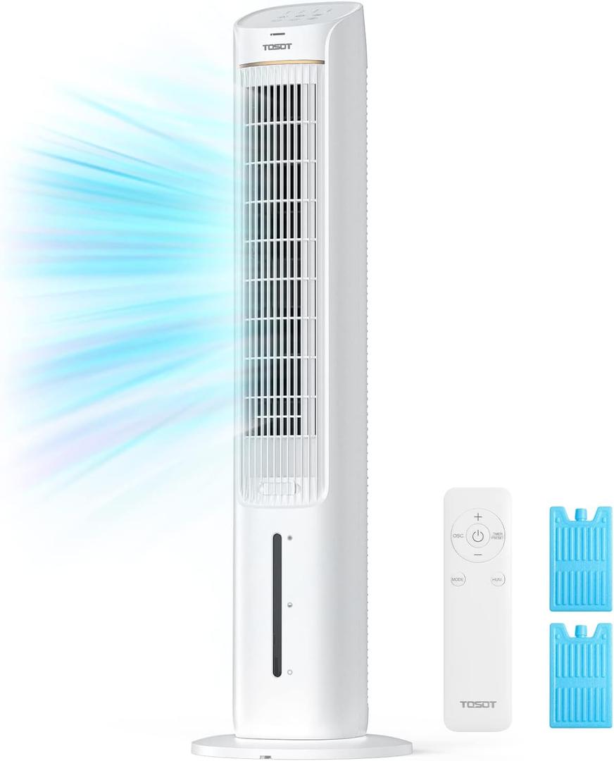 TOSOT Evaporative Air Cooler, 43" Tower Fan Oscillating 80, 3 Speed Quiet Cooling Fan with 2 Ice Packs, Remote Control, Removable 4L Water Tank, Mist Floor Fan for Home Bedroom