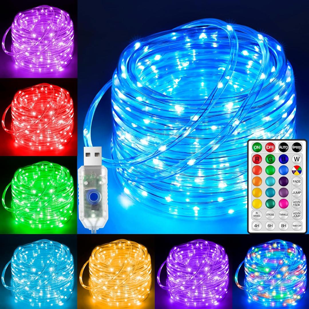 Ollny USB Rope Lights Indoor Color Changing, 33FT 100 LED String Lights with Remote, 18 Colors Christmas Light for Indoor Bedroom Party Wedding Holiday Decorations (RGB (Red, Green, Blue))
