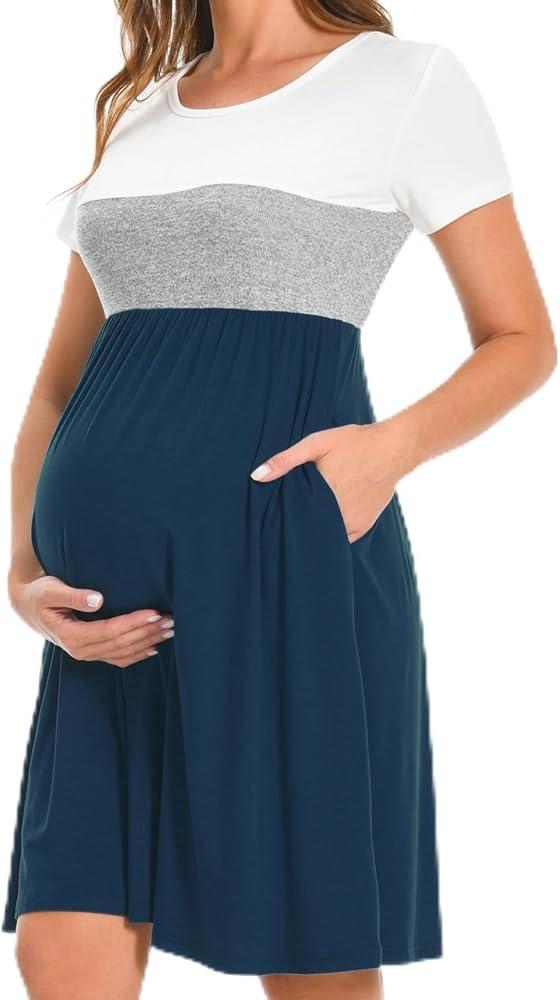 Bearsland Women’s Long Sleeve Maternity Dresses Patchwork Pregnancy Dress with Pocket XL