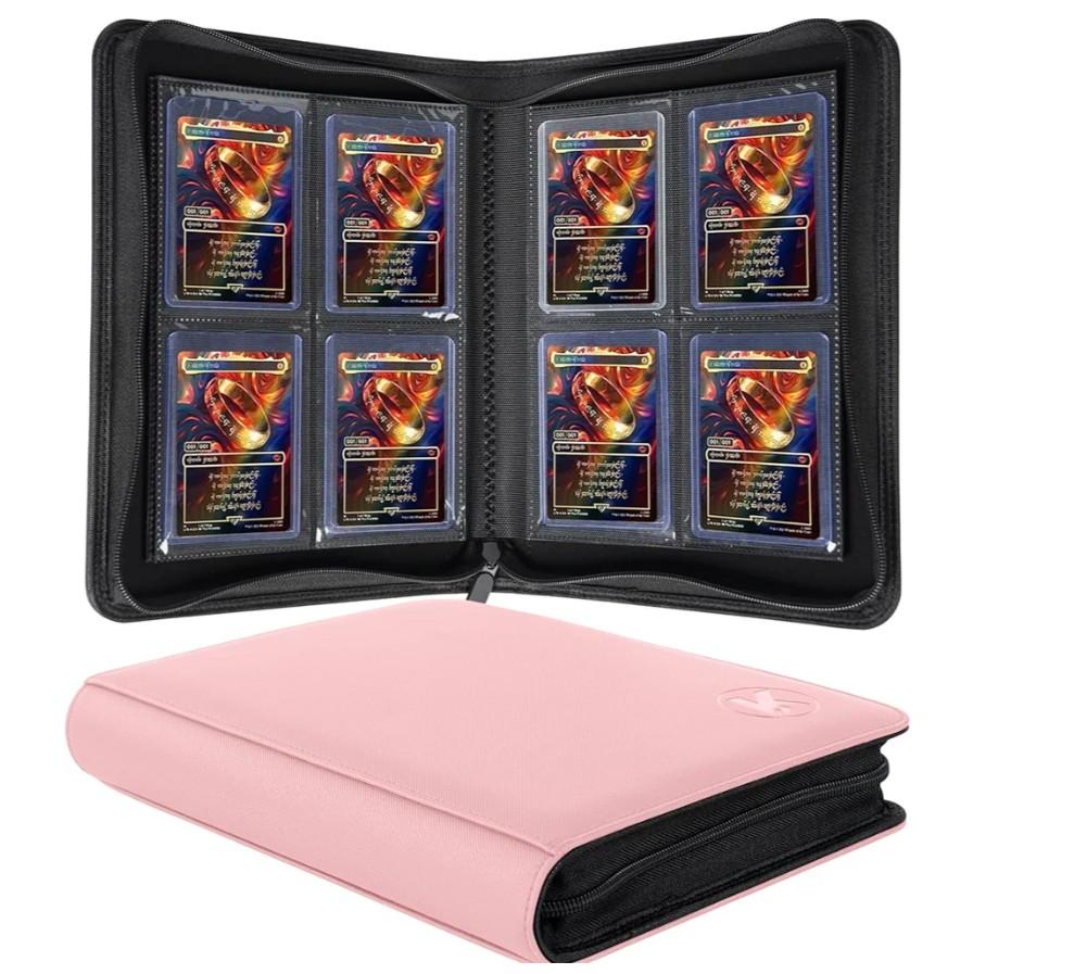 Top loader Binder, Holds 128+ Toploaders, 4 Pocket Top Loader Card Storage Case, Double-Sided Pockets for trading card in 3 x 4'' Toploaders（Pink）