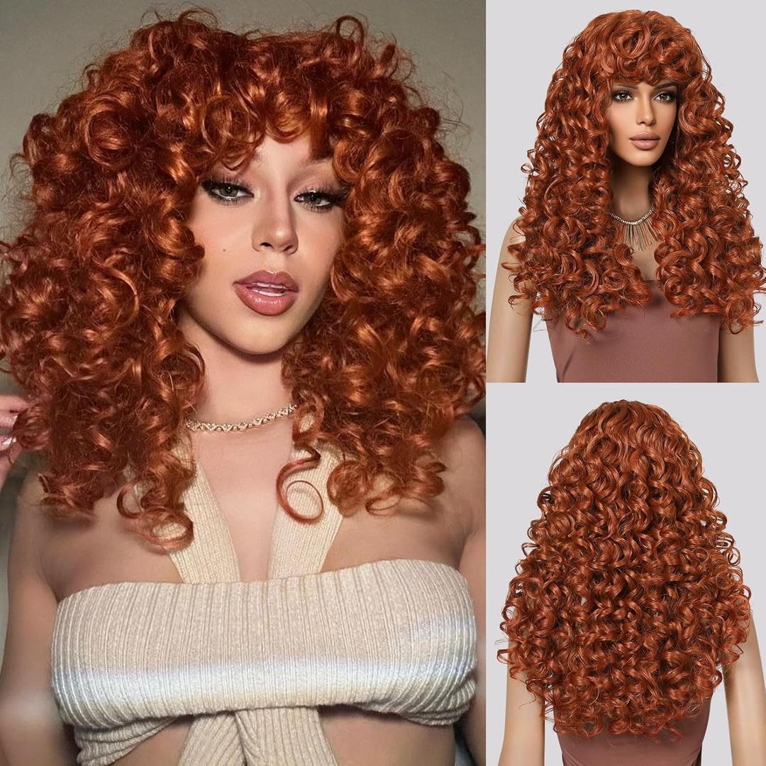 LONAI Copper Red Curly Wig Long Curly Wigs with Bangs for Women WIG006 Synthetic Hair Wig Vintage Hairstyle for Daily Use Party Cosplay-Bright Copper Red (23 Inch (Pack of 1))