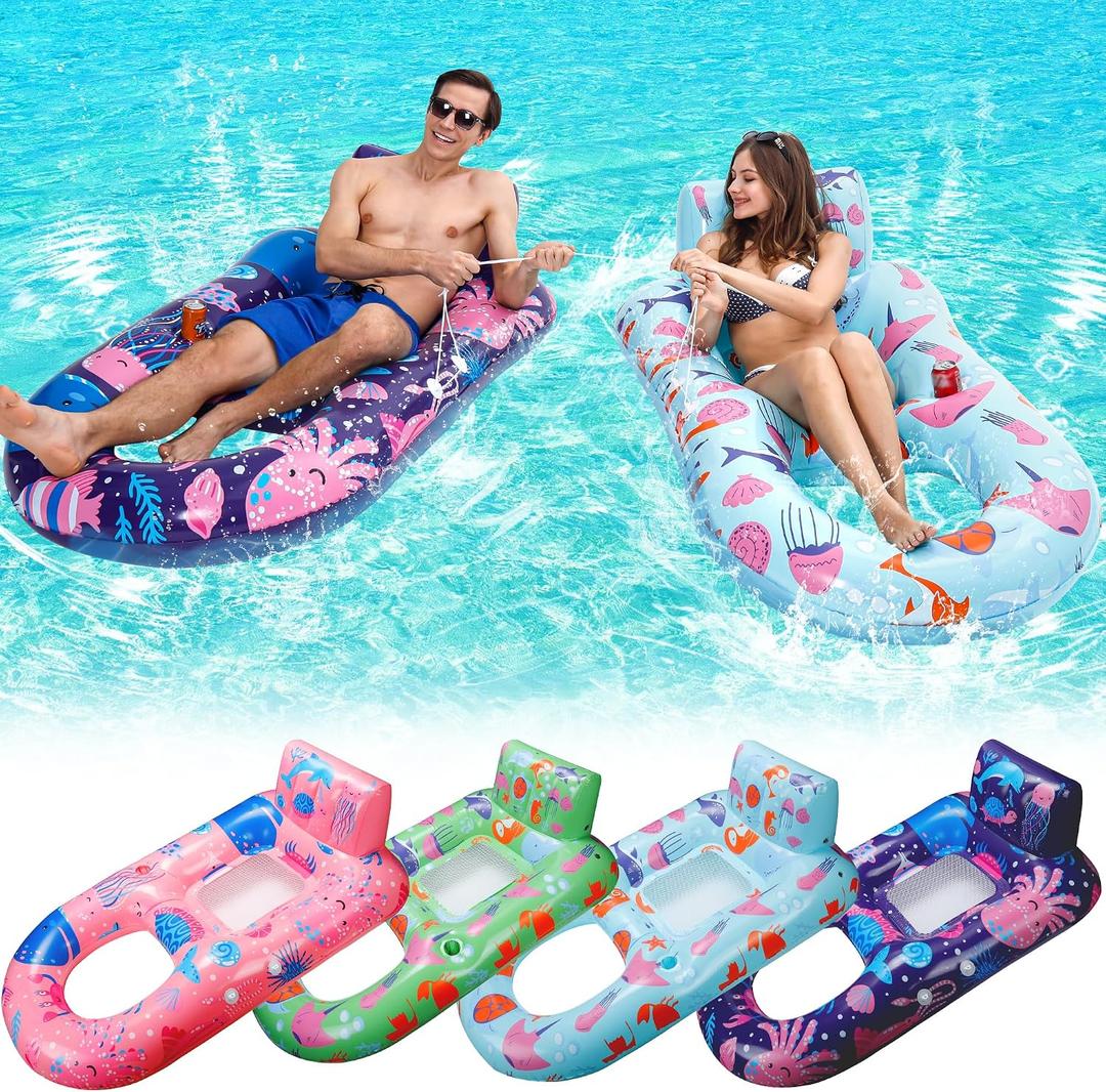 PuppyuWill 4 Pack Pool Floats Adult,Inflatable Pool Lounger Float Heavy Duty with Cup Holder, Backrest & Footrest Pool Lounge Float Extra Large Pool Rafts for Adults Beach Lake Party