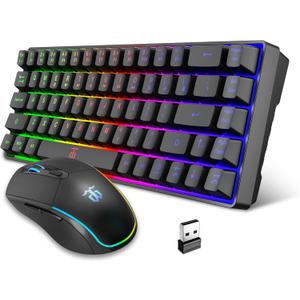Snpurdiri 60% Wireless Gaming Keyboard and Mouse Combo,LED Backlit Rechargeable 2000mAh Battery,Small Membrane But Mechanical Feel Keyboard + Popular RGB Mice for Gaming,Business Office