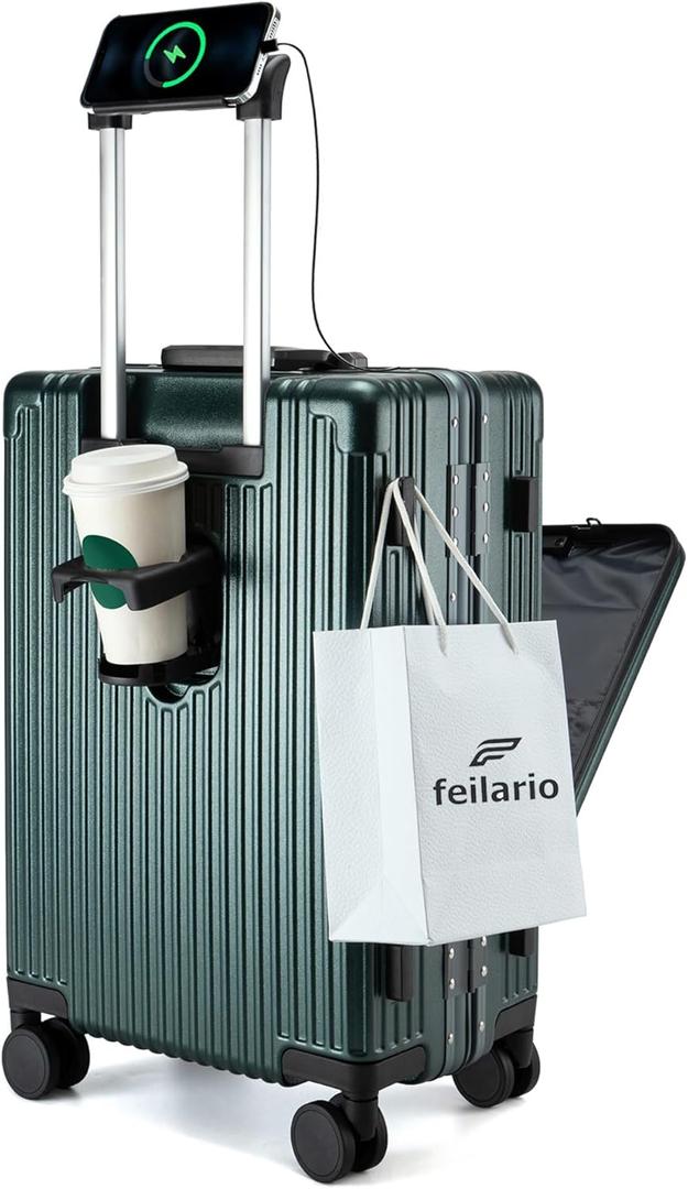 feilario 24in Aluminium Frame PC Hard Shell Spinner Wheels Luggage, Built-In TSA lock Carry on Suitcase, with Cup Holder, USB Port, Phone Holder