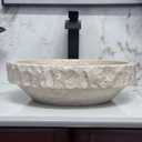 Round Travertine Vessel Sink, Natural Stone Wash Basin, Hand-Carved Bathroom Sink, Chiseled Exterior, Polished Interior, Above Counter Vanity (Soap Tray Included), Medium