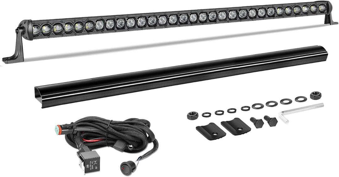 40 Inch Light Bar Kit, AKD Part 210W OSRAM LED Single Row Light Bar w/Wiring Harness Black Cover Off Road Driving Lights Slim Bumper Hood Roof Lights for Trucks Pickup UTV SUV Wrangler Can-Am