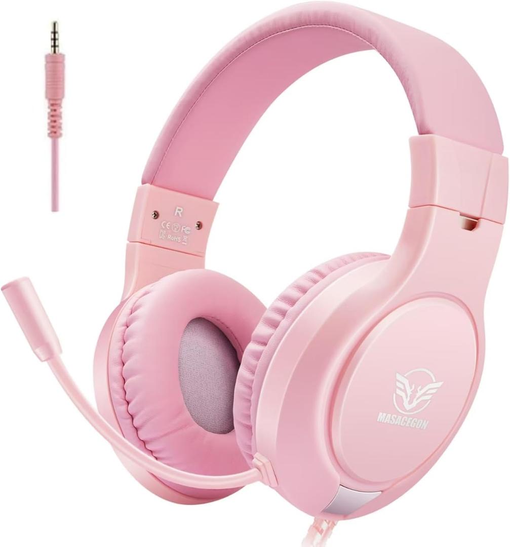 H-10 Gaming Headset for PS4, Xbox One, PC, PS5, Nintendo Switch, Stereo Wired Noise Cancelling Over Ear Headphones with Mic for Kids Adults, Bass Surround, Soft Memory Earmuffs, Pink