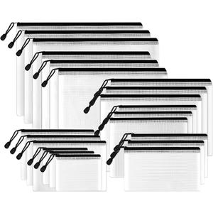 SUNEE Multisize Mesh Zipper Pouches (Black, 21 Packs), Water-Resistant Zip Bag for School Office Supplies, Puzzles & Games Organizing Storage