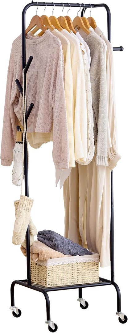 FILWH Rolling Coat Rack with Storage Shelf Freestanding Coat Rack Hall Tree with 6 Hooks for Entryway, Bedroom Metal Clothes Hanger Stand for Hats, Jackets, Bags,Shoes (Black, Single-layer)