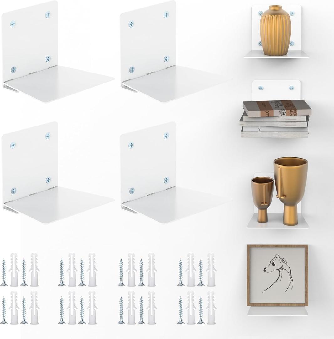 Eapele Invisible Floating Bookshelf, Heavy-Duty Hanging Bookshelves, Steel Constructed Wall Mounted Hidden Bookshelf with Mounting Hardware, 4PCS White (Irregular square 4pcs)