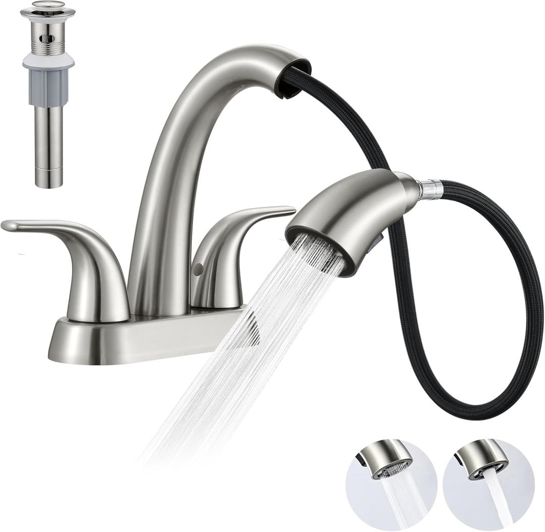 Ultimate Unicorn Brushed Nickel Bathroom Sink Faucet, 4'' Centerset Modern Washbasin Tap Set 3-Hole with Pop Up Drain, 2-Handle Pull Down Sprayer, for RV/Lavatory/Restroom