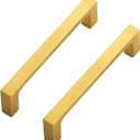 Ravinte 5 Pack Solid 4 Inch Square Cabinet Handles - Brushed Brass Drawer Pulls - Kitchen Hardware (4" Hole Center)