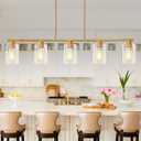 Mecgirn Island Light for Kitchen, Brushed Gold Dining Room Light Fixture Over Table, 5-Light Linear Chandelier Pendant Lighting for Dining Table Kitchen Island Living Room