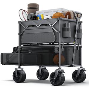 Double Decker Wagon 320L Large Capacity 400LBS Collapsible Sports Utility Cart with Big Wheels,Double Extended Tailgate Heavy Duty Folding Wagon Cart for Groceries,Camping,Beach,Garden,Outdoor, Grey
