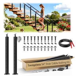 Gyykzz 4-12FT Swageless Black Stair Cable Railing Post Kit 36", 2 Stair Post Kit Cable Railing System with Patent Swageless Reusable Terminal, T304 Black Stair Rail Post Fit 28°-38° Stair DIY Length