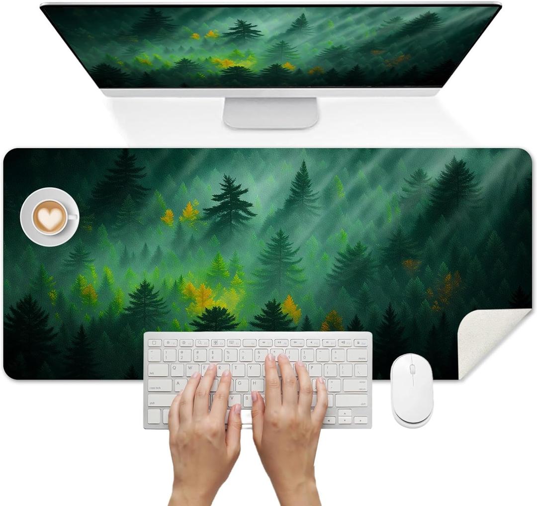 Britimes Green Forest Desk Mat Nature Trees Deak Pad Non-Slip PU Leather Large Keyboard Mouse Pad Office Desktop Accessories for Office,Work,Home Decor(31.5"X15.7")