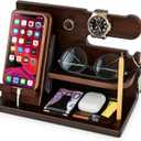 TESLYAR Wood Phone Docking Station for Men - Desk or Nightstand Organizer - Birthday Gifts for Husband, Dad - Anniversary Idea from Wife - Key Holder, Stand Wallet, Watch, Essentials (Chocolate Brown)