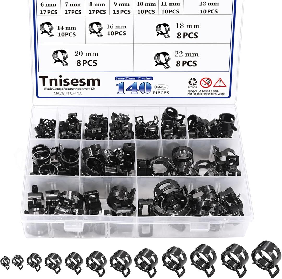 Tnisesm 140 Pcs 12Values 6-22mm Spring Hose Clamp Assortment kits Silicone Vacuum Hose Action Low Pressure Air Clip Clamp hoses clamps sleeving(Black)