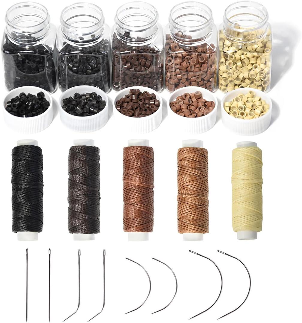 Hair Extensions Tool Kit: 2500 Pcs 5 Colors Silicone Lined Micro Links Rings Beads with 5 Rolls Sewing Waxed Threads and 8 Pcs C/J/I Needles for Hair Extensions Hand Sewing Wig DIY Craft
