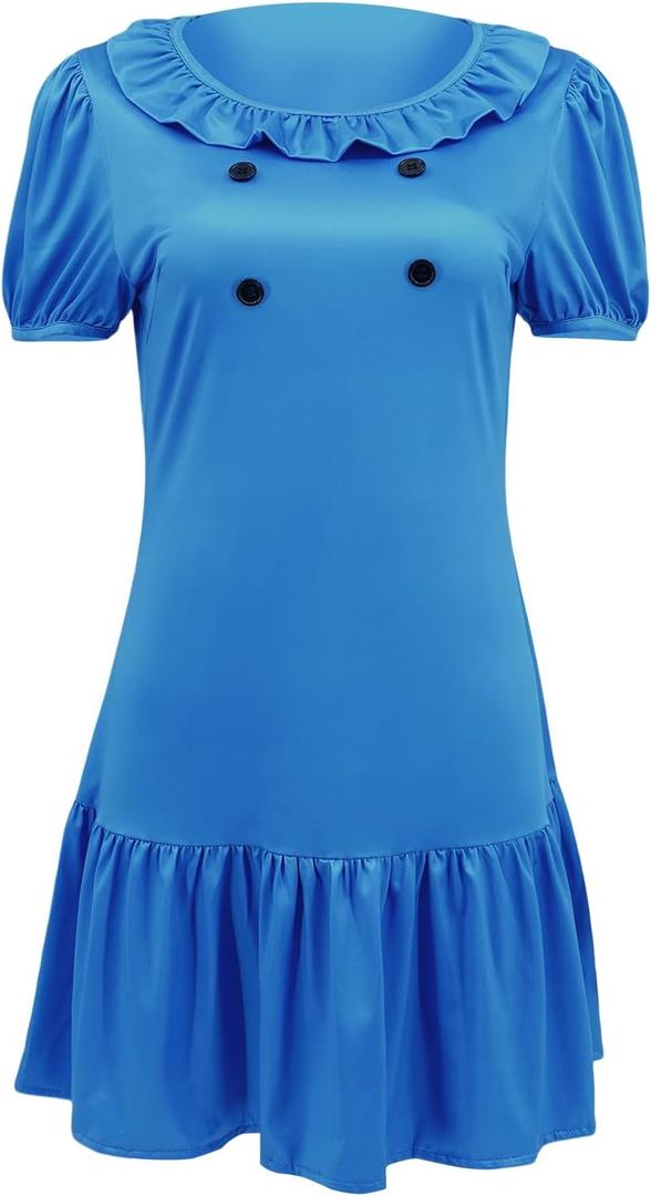 Lucy Costume Women Sally Brown Costumes Charlie Character Cosplay Halloween Puff Sleeve Dress for Adult (Large, Blue)