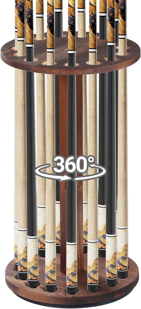 360 Degree Rotating Pool Stick Holder, Natural Wood Pool Cue Holder, Floor Stand Pool Cue Rack up to 15 Sticks, Billiard Cue Rack for Billiard Room, Billiard Gifts for Men