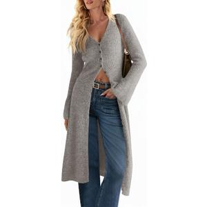 Saodimallsu Womens Long Cardigan Sweaters Oversized Bell Sleeve Open Front Button Down Casual Knit Fall Midi Dress (Gray)