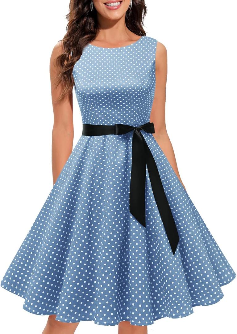 Gardenwed Women's Vintage Dress Sleeveless Cocktail 1950s Dresses Retro Tea Party Swing (Medium, Blue Small White Dot)