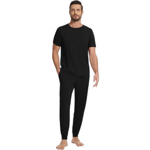 WiWi Men's Pajama Sets Viscose from Bamboo Sleepwear Short Sleeve Top and Pants Pjs Sets with Pockets Drawstring S-XXL, Black 
