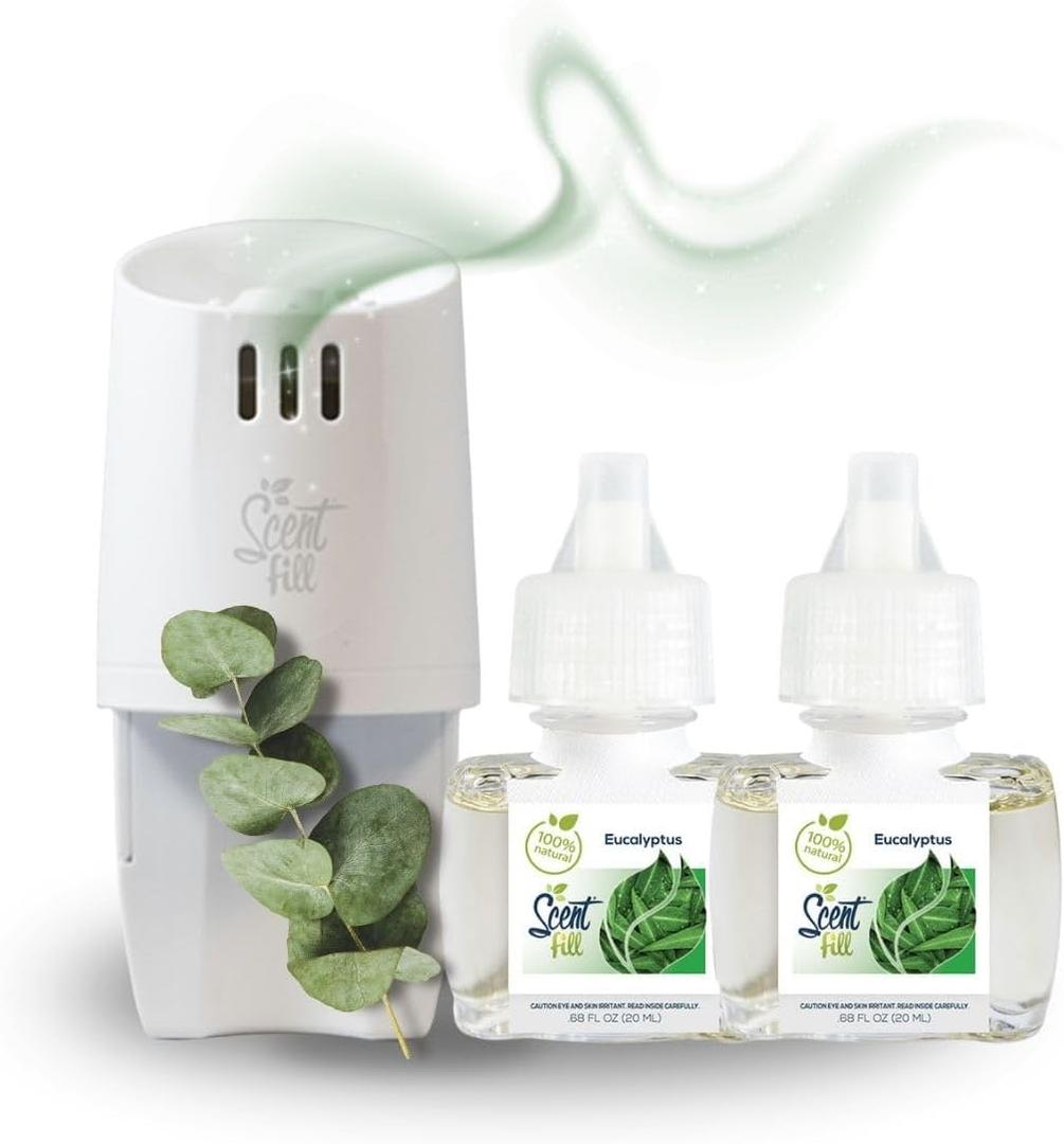 Scent Fill 100% Natural Eucalyptus Plug in Air Freshener, Scented Oil Refills, 2 Refills + Diffuser