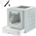 Gefryco Litter Box with Lid for Small to Medium Cats, Enclosed Cat Litter Box with CoverHigh Sided Top Entry Cat Box with Brush and Scoop, Cute Kitty Litter Pan with Drawer for Growing Kittens (Grey)