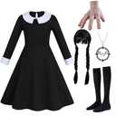 6pcs Girls Halloween Costume Girls Black Dress Long Sleeve with Wig Necklace Sock 3-14Y(3-4 Years)
