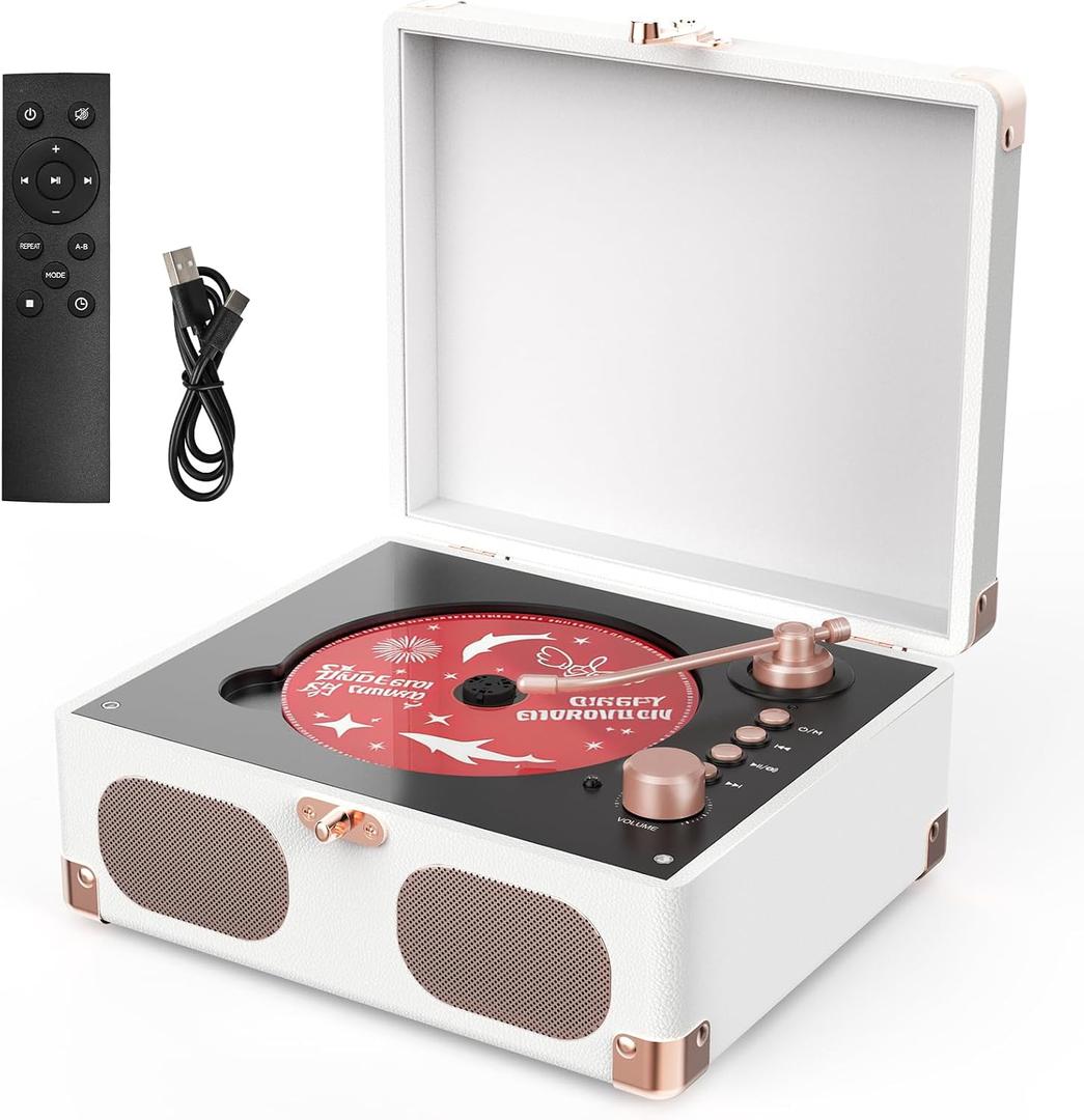 RetroAudio CD Player with Speakers Retro Portable CD Players for Home Music Player with Remote Control,V5.4 Bluetooth in&Out Desktop Suitcase CD Player with AUX in, Headphone Jack,USB PlaybackWhite