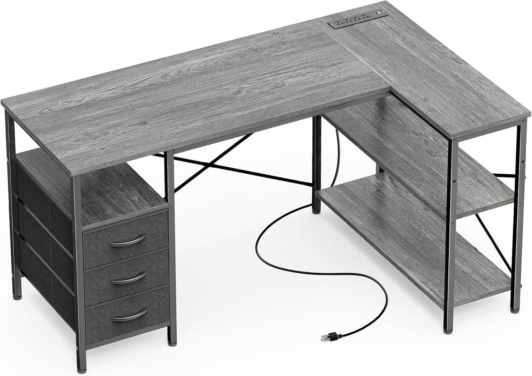 Huuger L Shaped Office Desk with Power Outlets, 47 Inch Computer Desk with 3 Drawers, Shelves, for Gaming, Corner Work, Home Office, Study, Grey
