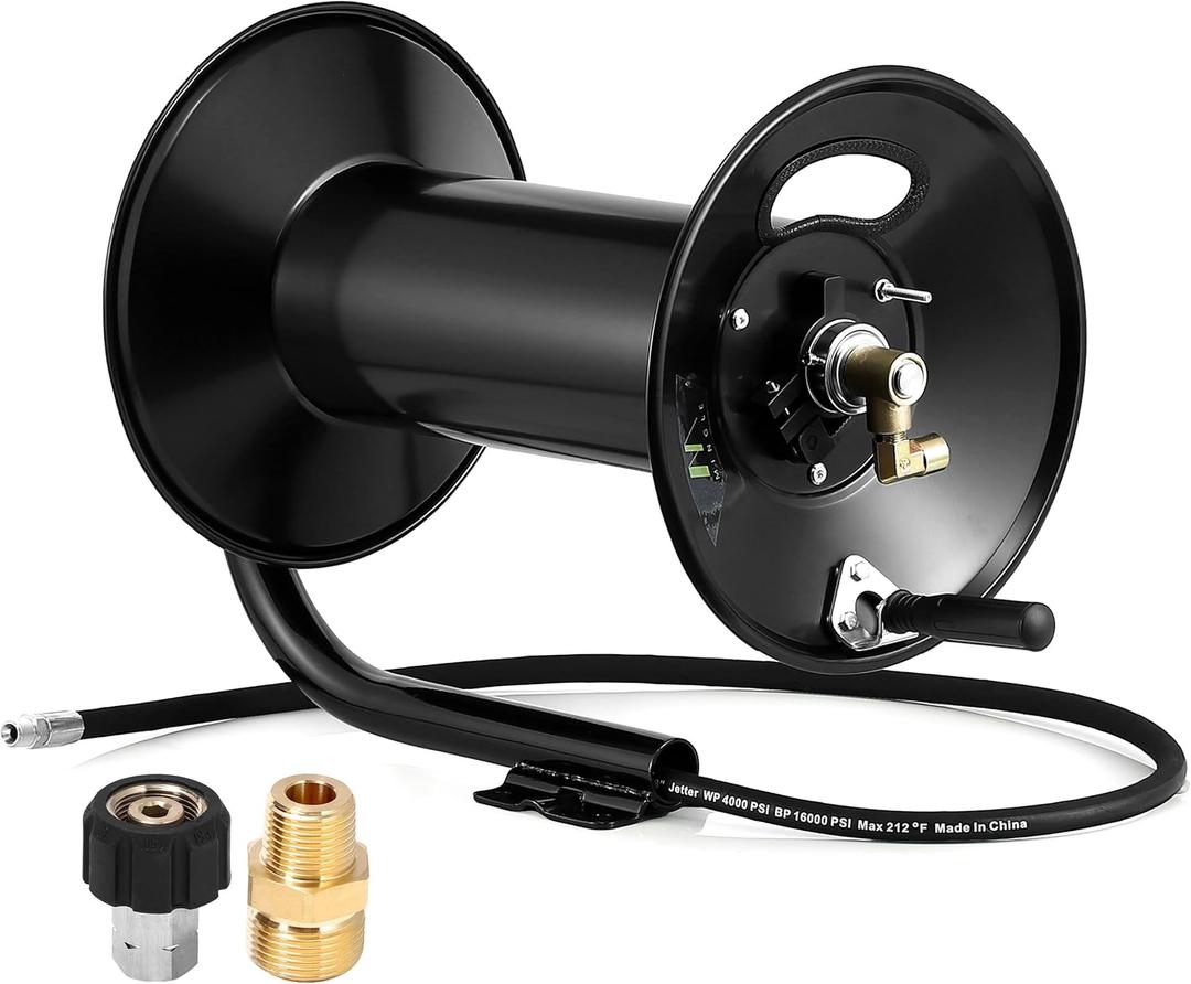 M MINGLE Pressure Washer Hose Reel 300ft, Heavy Duty Steel Hose Reel, Manual Crank Power Washer Hose Reel with Swivel Arm, 3/8" NPT Outlet Pipe, 4000 PSI (Black)
