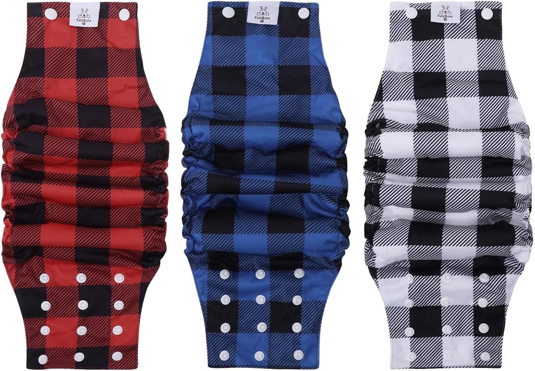CuteBone Washable Dog Diapers Male with Snaps Reusable 3pcs a Pack Doggie Belly Band for Male Dogs Wraps KDM03L Buttons-Classic plaid 3pcs, L(17"-21")