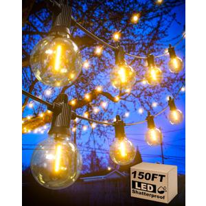 Outdoor String Lights, 150FT Patio Lights with 75 Shatterproof G40 Globe Bulb(3 Spare), Waterproof Connectable Dimmable LED Hanging String Lights for Outside Backyard Porch Balcony (2x75FT)