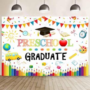 MEHOFOND 7x5ft Preschool Graduate Backdrop for Kids Kindergarten Graduation Photography Background Class of 2025 Preschool Prom Party Decor Colorful Flags Congrats Grad Party Banner Photo Booth Props (White)