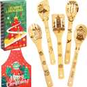 6PCS Christmas Bamboo Kitchen Utensils Set with Apron Wooden Spoons for Cooking&Serving Set Cooking Engraved Patterns for Kitchen Christmas Gifts for Women Men Mom House Kitchen Decor