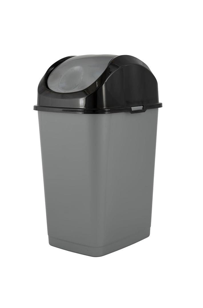 Superio Small 2.5 Gallon Plastic Trash Can with Swing Top Lid, Compact Slim Waste Bin for Under Desk, Office, Bedroom, Bathroom, Dorm Room, 10 Qt. Portable Garbage Can (Grey/Black)