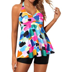 Yonique Two Piece Tankini Swimsuits for Women with Shorts Halter V Neck Bathing Suits Flowy Twist Front Swimwear (XX-Large, Color Block)