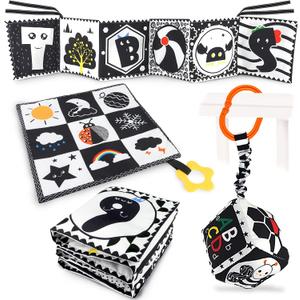 KUANGO 3 PCS Black and White High Contrast Baby Toys 0-6 Months for Newborn, Babies Sensory Soft Book for Early Education, Infant Tummy Time Toys 0 3 6 9 Months Baby Gifts