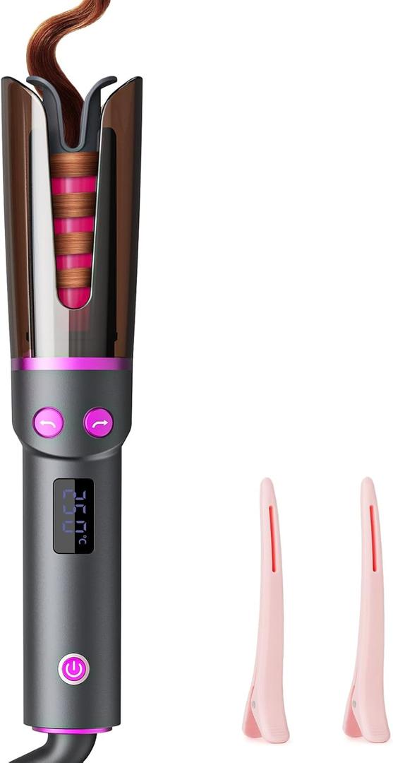Negative Ion Automatic Rotating Curling Iron Smart Tangle-Free, Dual Voltage, Anti-Scald, Portable Ceramic-Coated Auto Hair Curler for Travel & Home Use1inch