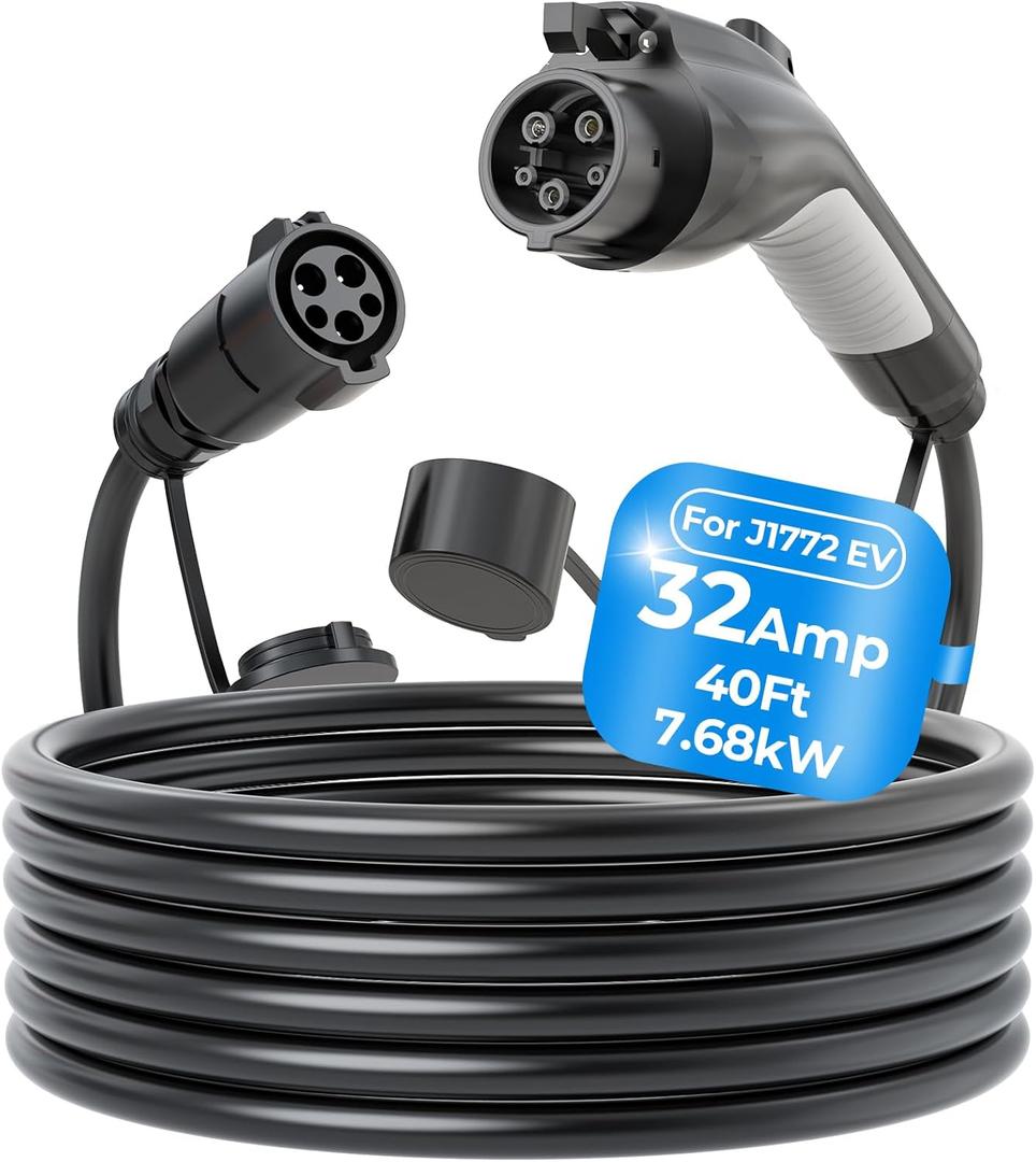 J1772 Extension Cable, 32Amp 40Ft EV Charger Cord Compatible with Level 1 2 SAE Chargers, 110V-240V Carrying Bag, IP66 Cable