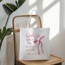 Coquette Pink Bow Christian Tote Bag, God Is Within Her She Will Not Fall Bible Canvas Tote Bags for Women, Preppy Religious Reusable Grocery Shopping Bags