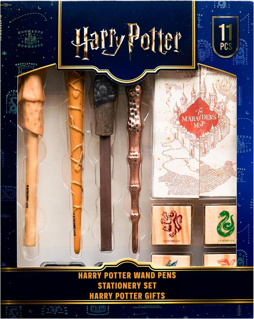 Harry Potter Stationary Set for Boys Girls with 4 Wand Pens Black Ink Marauders Map Hogwarts House Stamp Kit Cute School Supplies Gifts for Kids