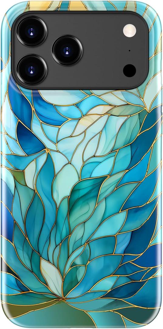 LUHOURI for iPhone 17 Pro Case,Wireless Charging Compatible,Dual-Layer - Soft Silicone Inner + Hard Outer Shell,Cute Wildflower Design,Protective Phone Cover for Women - Blue Leaves Flower