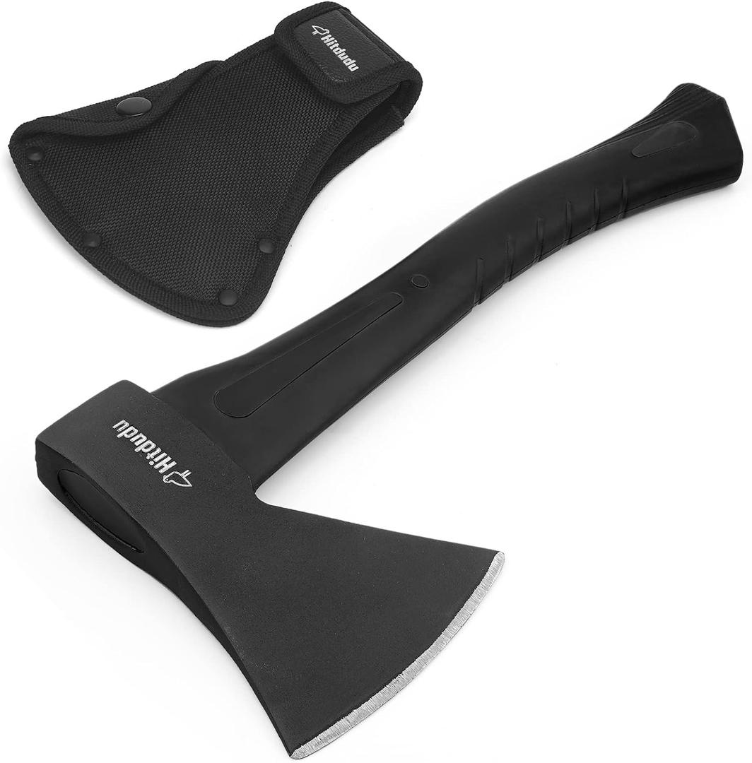 Camping Hatchet, 14" Camping Axe Throwing Axe for Outdoor Wood Splitting and Kindling, Forged Carbon Steel Heat Treated Survival Tool, Fiberglass Shock Reduction Handle with Anti-Slip Grip (1Pack)
