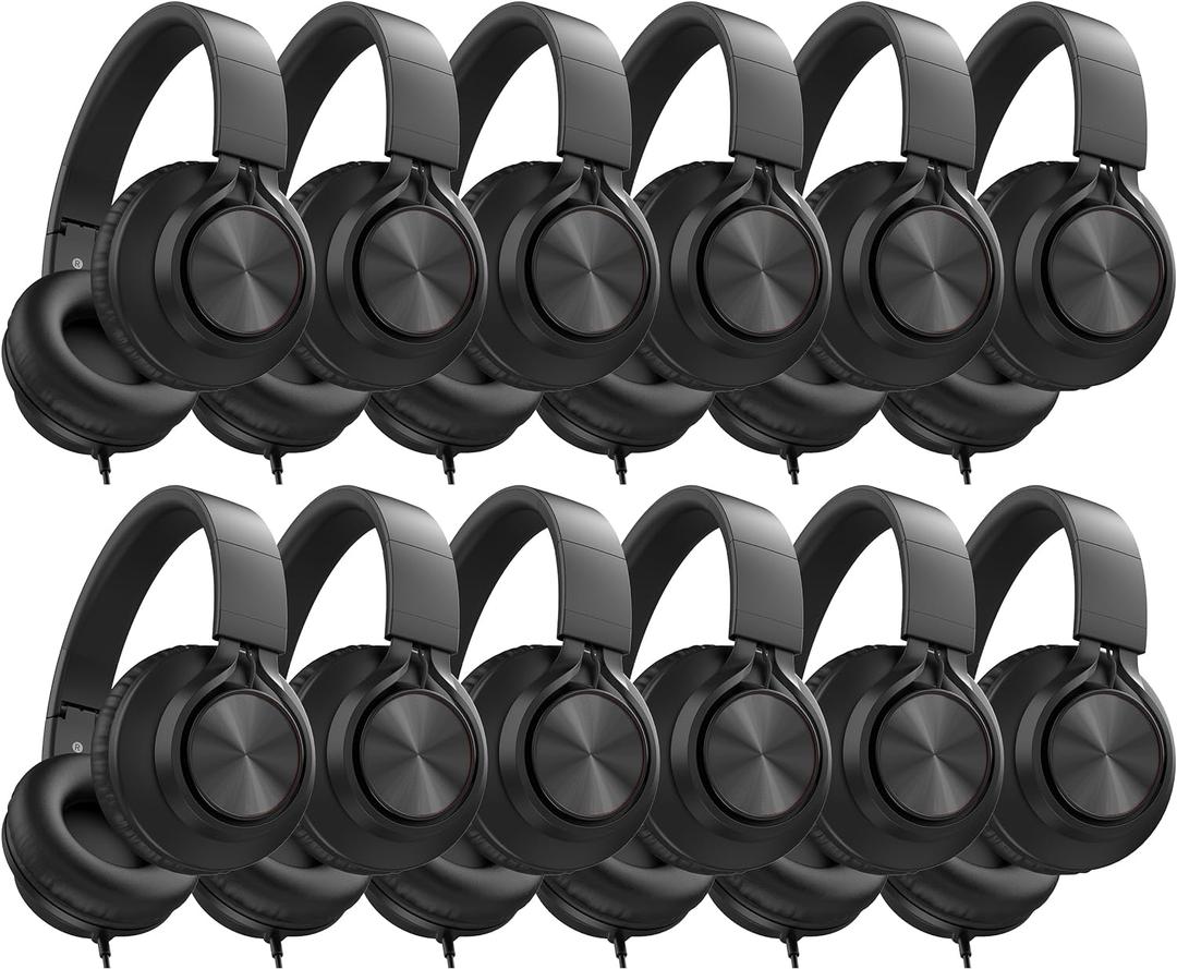 AILIHEN Headphones Wired 12-Pack Bulk for School Students Kids K-12 ClassroomAdjustable, Foldable, Over-Ear Headsets with Microphone HD Stereo Sound 3.5mm Jack for Chromebook, Laptop (Black)