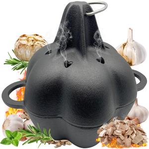 Garlic Roaster & Smoker Box for Grill Oven, All-Season Cast Iron Steamer Pot, Perfect for Oven and BBQ, for Smoky, Flavorful Vegetables, Meats or Wood Chips, Garlic Potato Cooker